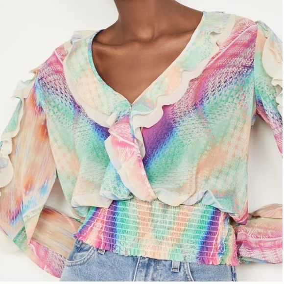 LE SUPERBE Good Vibrations Blouse XS  Rainbow Long Sleeve Print Surplice Top - Picture 3 of 7